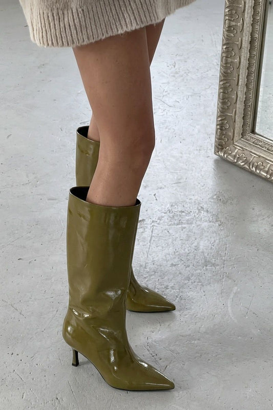 Remni Kadın Topuklu Çizme Yeşil Kırışık Rugan - ILOVESHOES