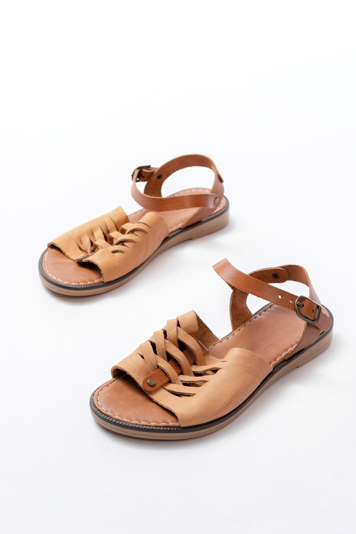 Fereno Hakiki Deri Bej Kadın Sandalet - ILOVESHOES