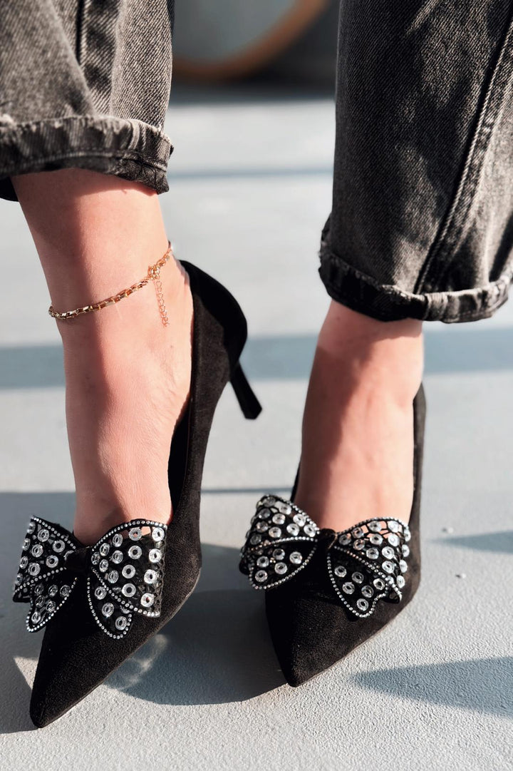 Sorexa Stiletto Siyah Süet Fiyonk Detaylı - ILOVESHOES