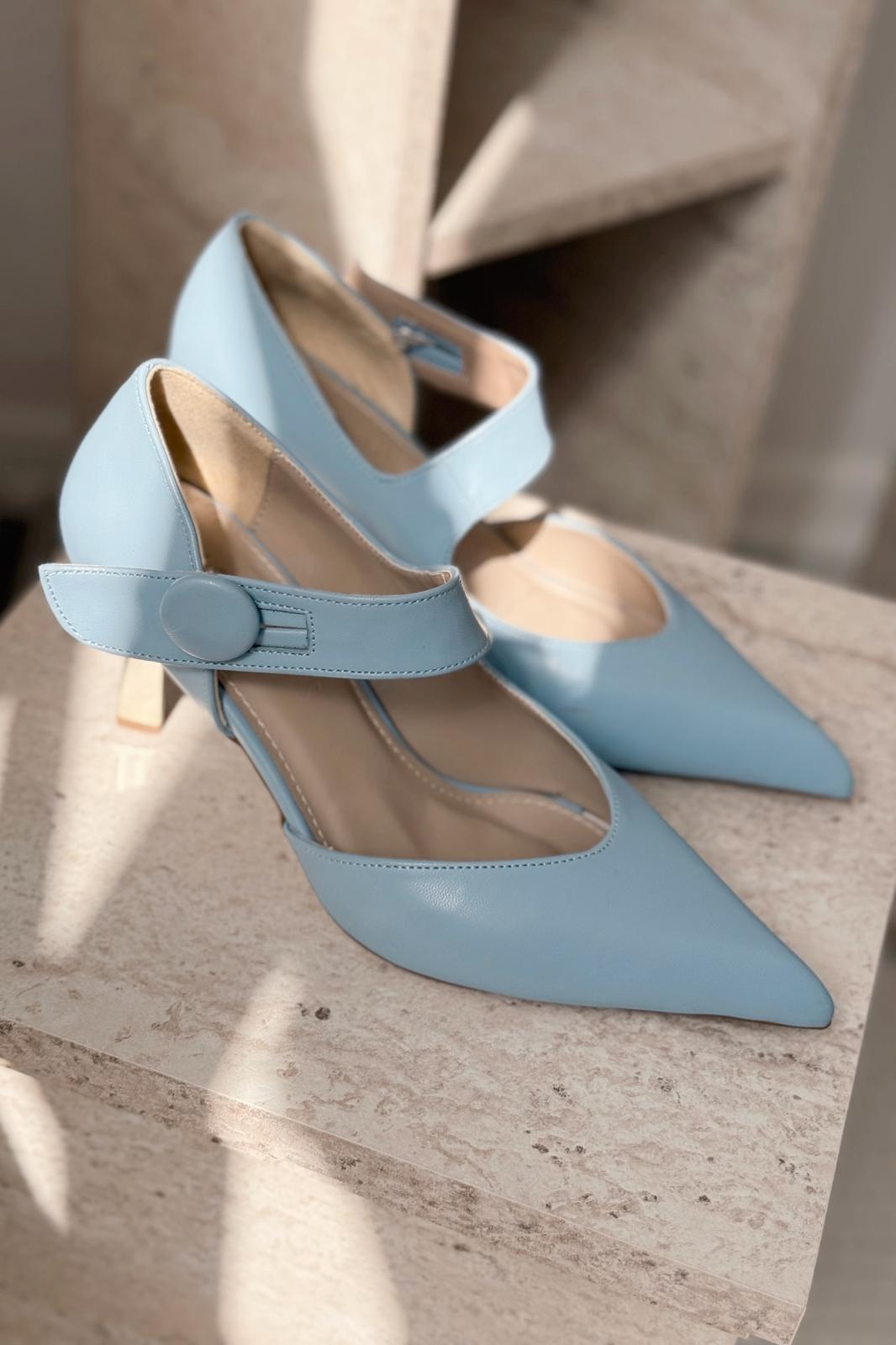 Wasord Mat Deri Düğme Detaylı Stiletto Bebekmavisi - ILOVESHOES