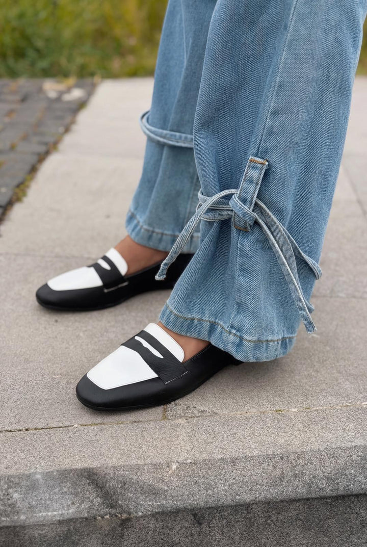 Melniel Hakiki Deri Kadın Loafer Siyah - Beyaz - ILOVESHOES