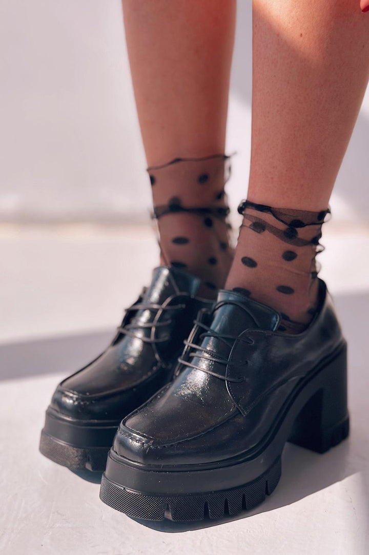 Sapetos Kalın Taban Topuklu Kadın Loafer Siyah Mat Rugan - ILOVESHOES