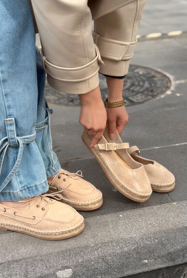 Selora Hakiki Süet Bağcıklı Espadril Bej - ILOVESHOES