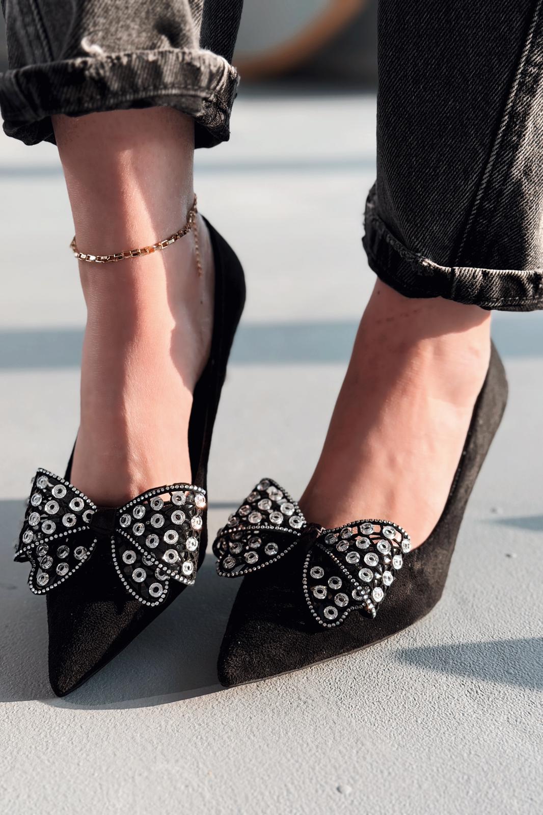 Sorexa Stiletto Siyah Süet Fiyonk Detaylı - ILOVESHOES