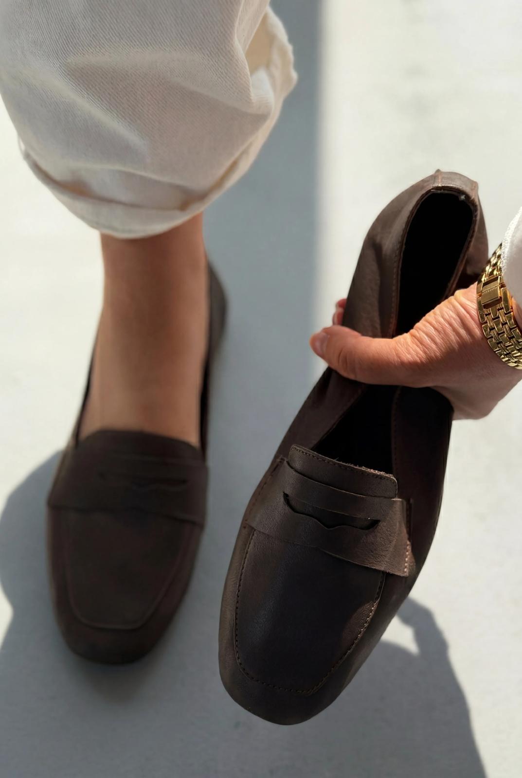 Melniel Acıkahve Hakiki Deri Kadın Loafer - ILOVESHOES