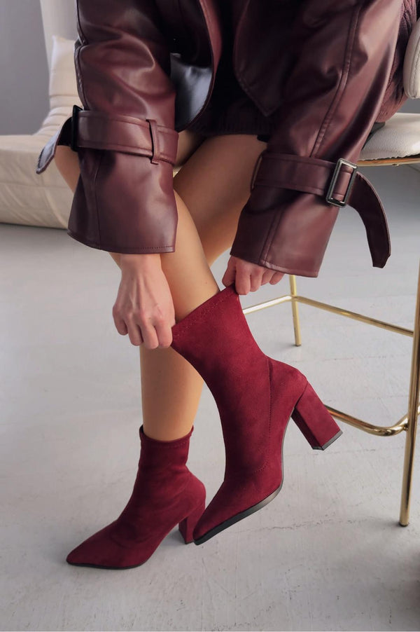 Ardews Süet Topuklu Çorap Bot Bordo