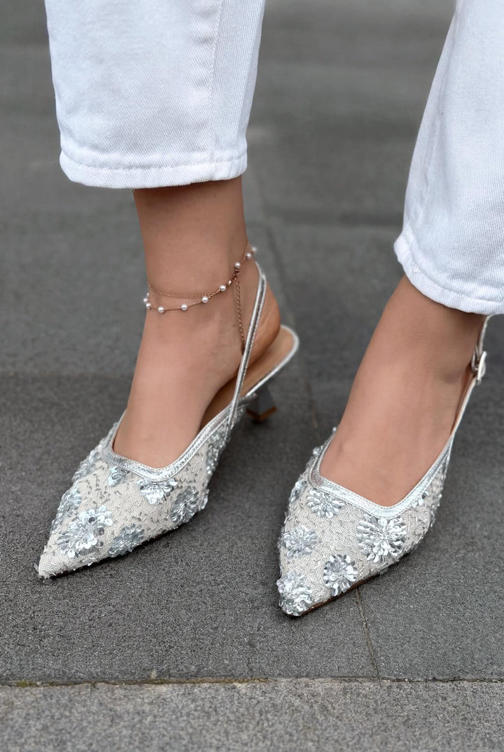 Serona Stiletto Gümüş Nakışlı - ILOVESHOES