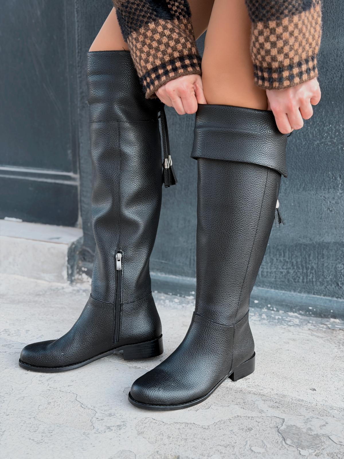 Jolvern Kadın Çizme Siyah Mat Deri Püskül Detaylı - ILOVESHOES