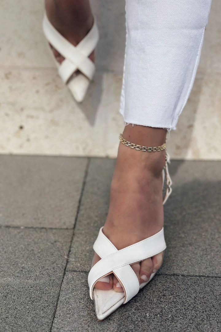 Savro Mat Deri Şeffaf Detaylı Stiletto Beyaz