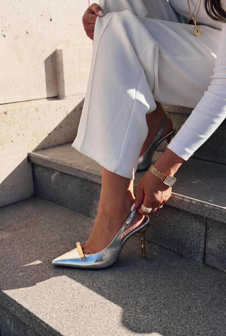 Norloven Gümüş Parlak Deri Kadın Stiletto - ILOVESHOES