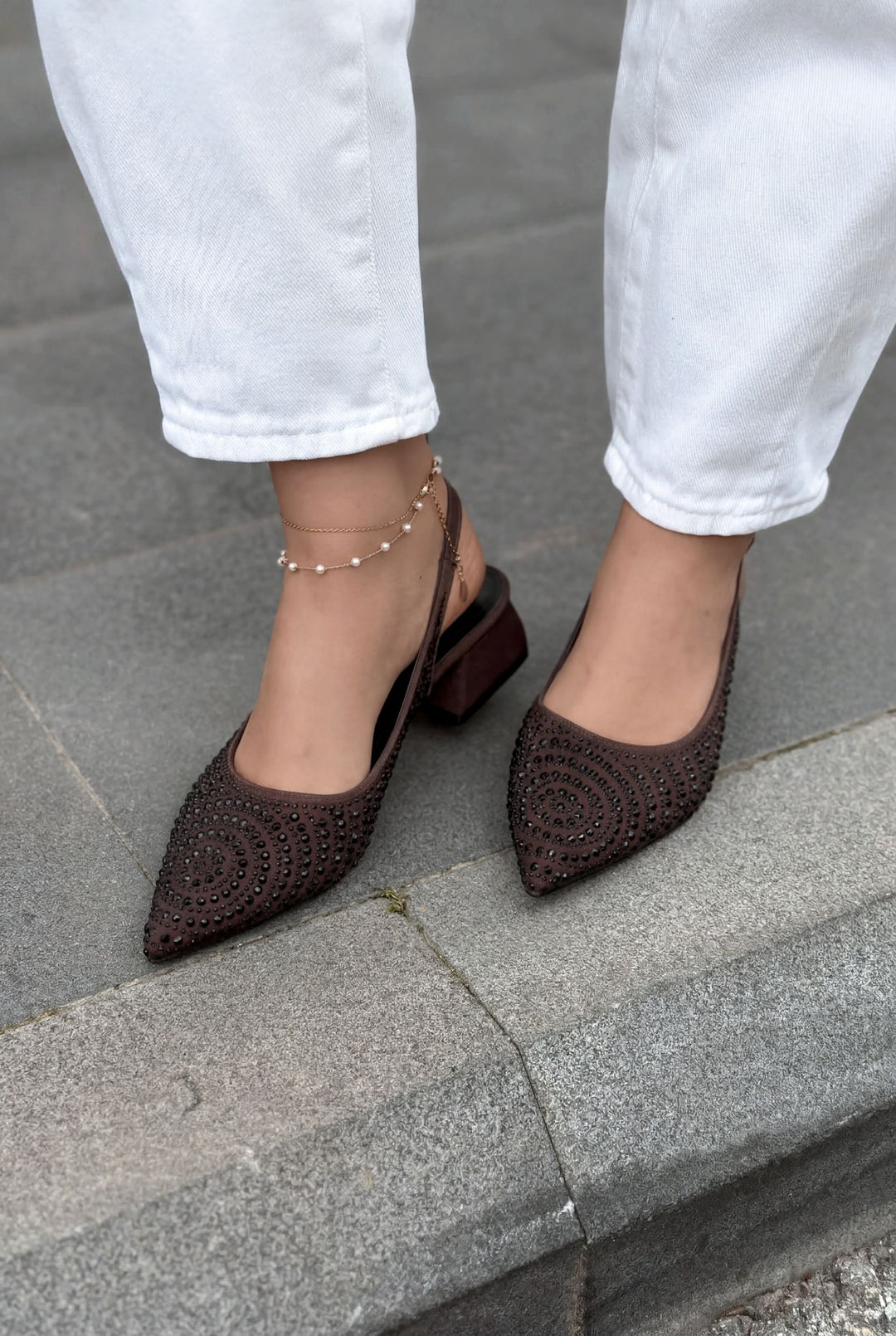 Dunes Topuklu Ayakkabı Acıkahve Saten Siyah Taşlı - ILOVESHOES