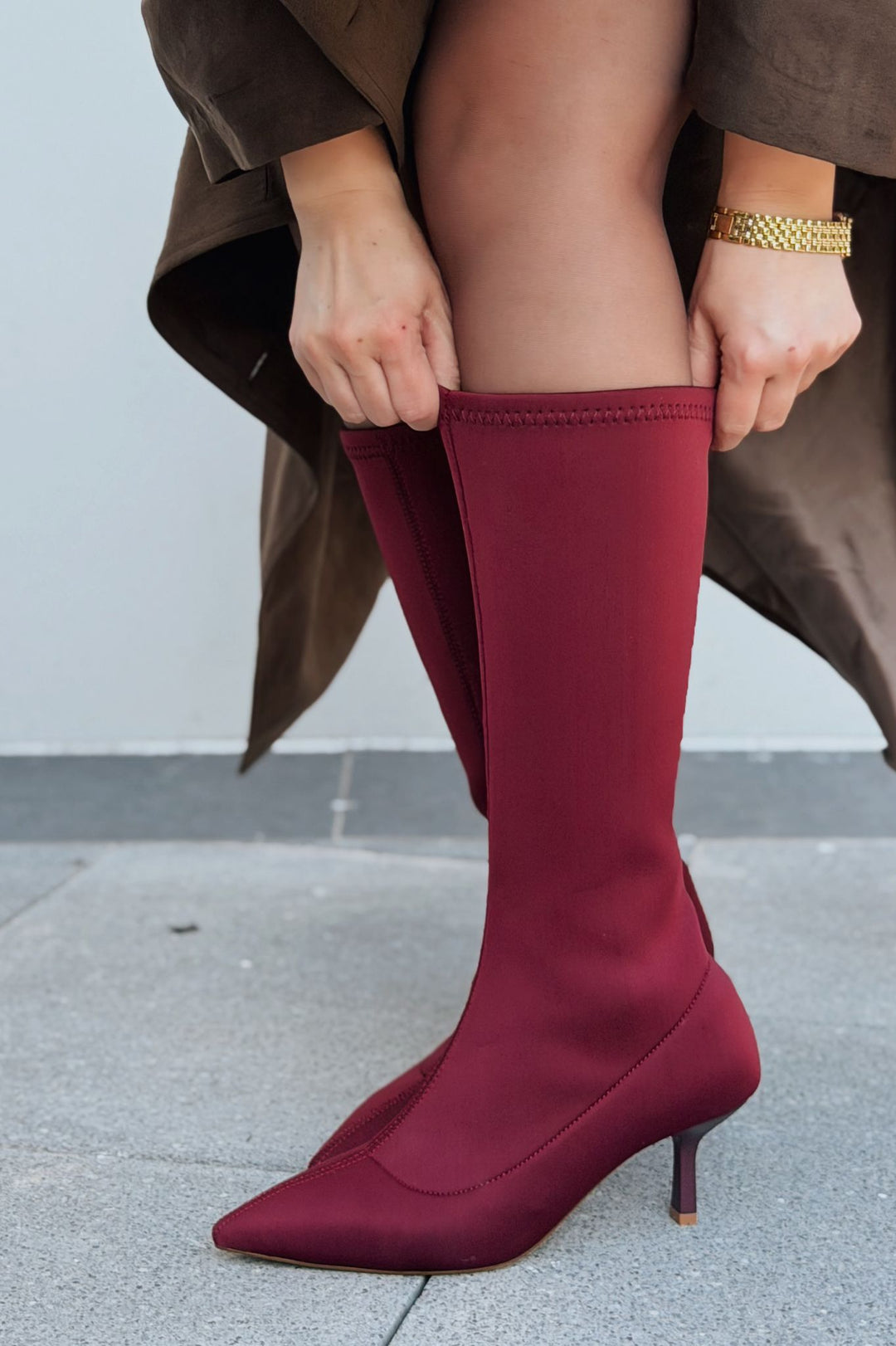 Ralve Kadın Topuklu Streç Çizme Bordo Dalgıç Kumaş - ILOVESHOES
