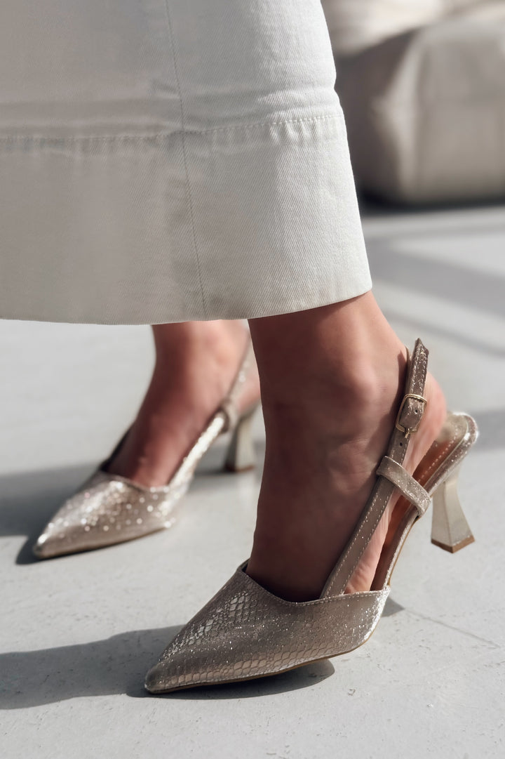 Nowse Parlak Deri Desenli Stiletto Gold