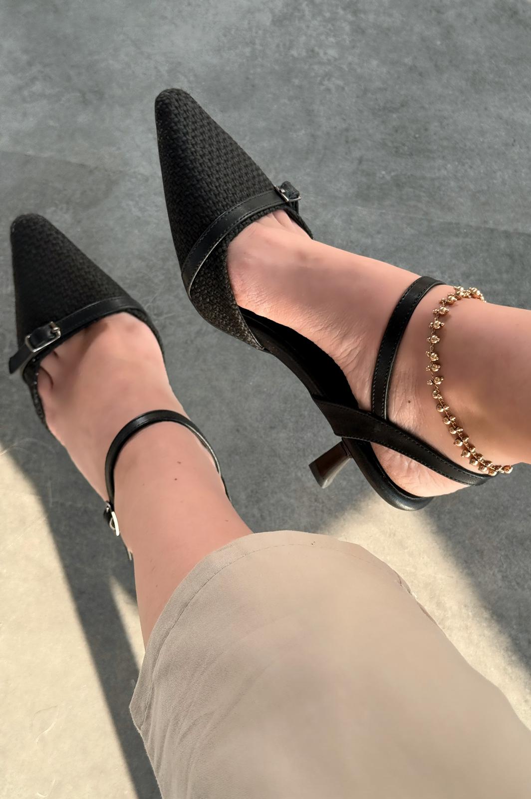 Rensowa Hasır Siyah Toka Detaylı Stiletto - ILOVESHOES
