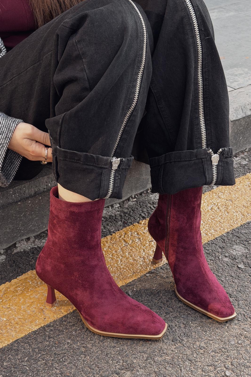 Alderie Kadın Topuklu Bot Bordo Süet - ILOVESHOES