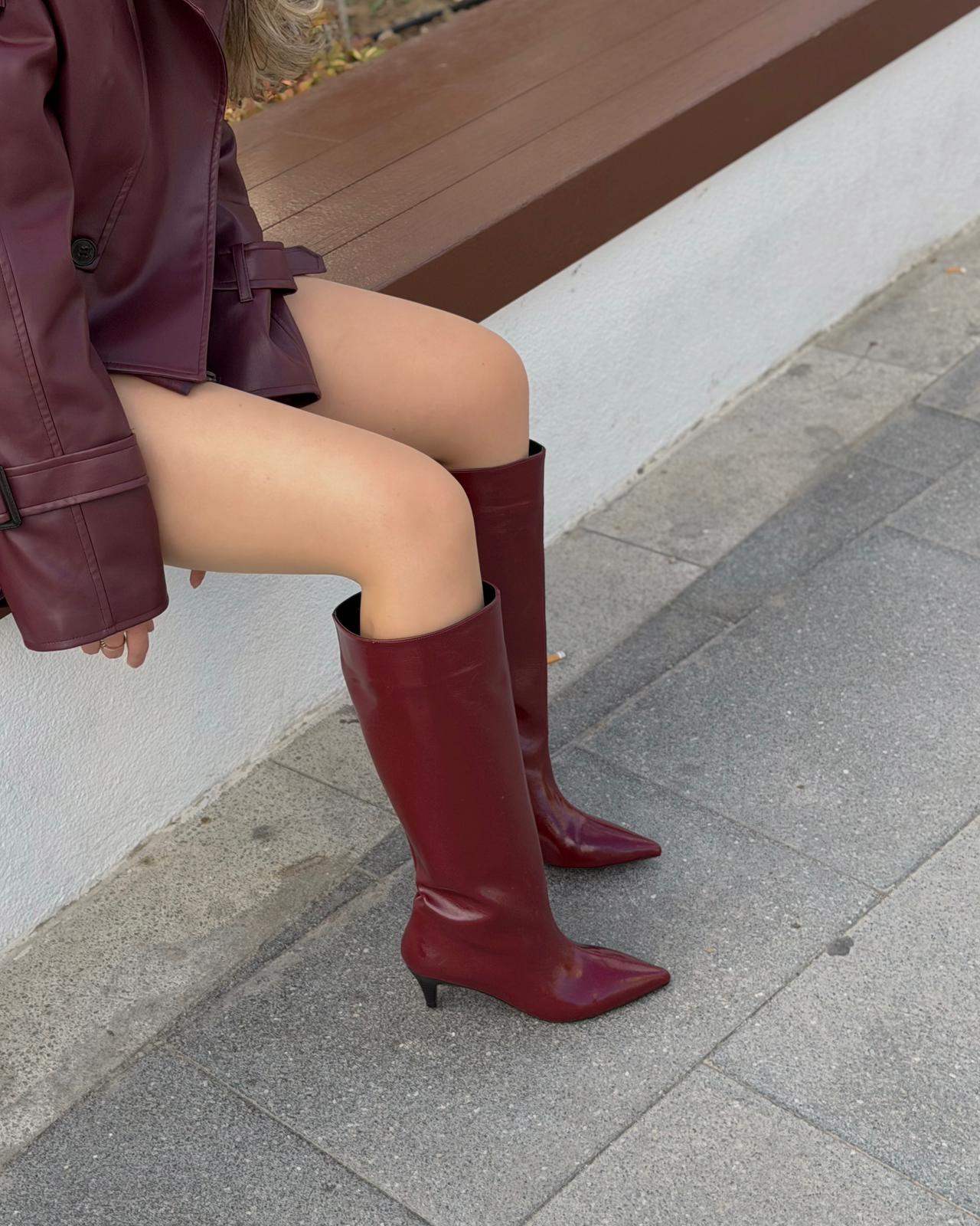 Remni Kadın Topuklu Çizme Bordo Kırışık Rugan - ILOVESHOES