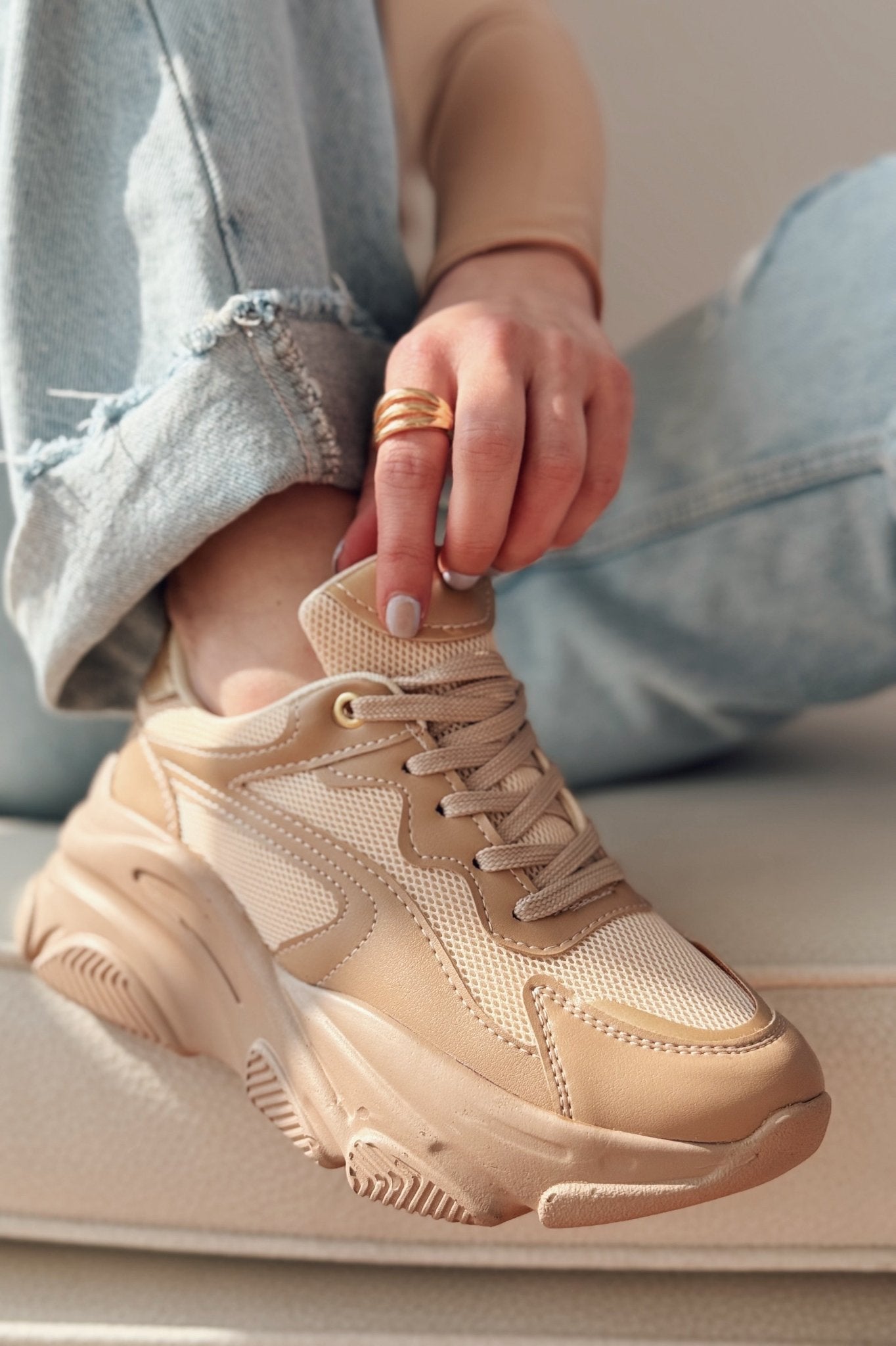 Valenna Nude Bağcıklı Fileli Kadın Spor Ayakkabı - ILOVESHOES