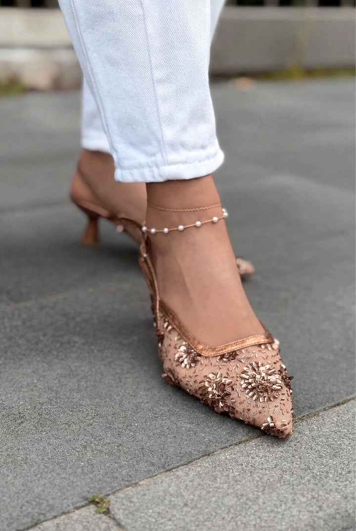 Serona Stiletto Bronz Nakışlı - ILOVESHOES