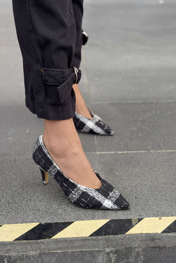 Kairo Stiletto Siyah Tüvit Kumaş Ekoseli - ILOVESHOES
