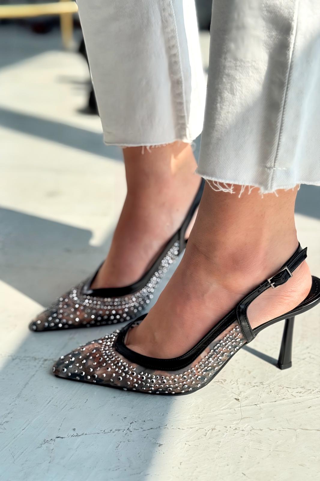 Clarwon Tül Taş Detaylı Stiletto Siyah - ILOVESHOES