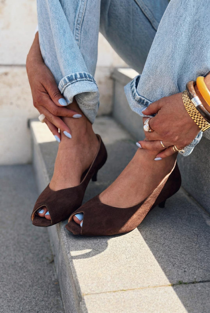 Norvion Hakiki Deri Acıkahve Süet Kadın Topuklu Ayakkabı - ILOVESHOES