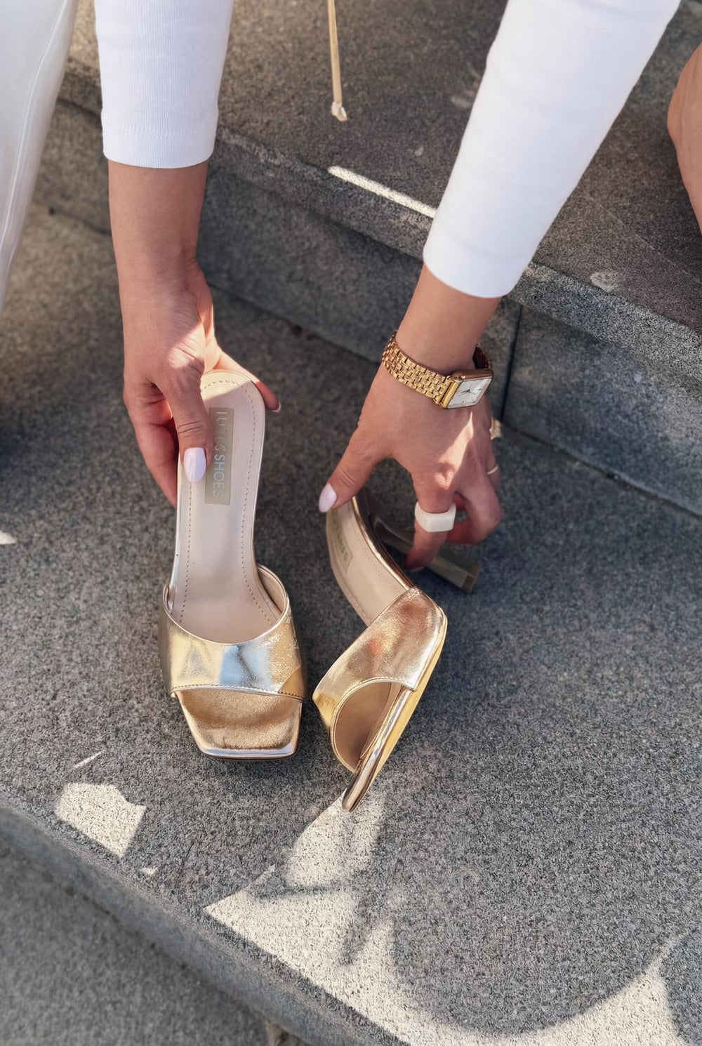 Sorel Gold Mat Deri Kadın Topuklu Terlik - ILOVESHOES