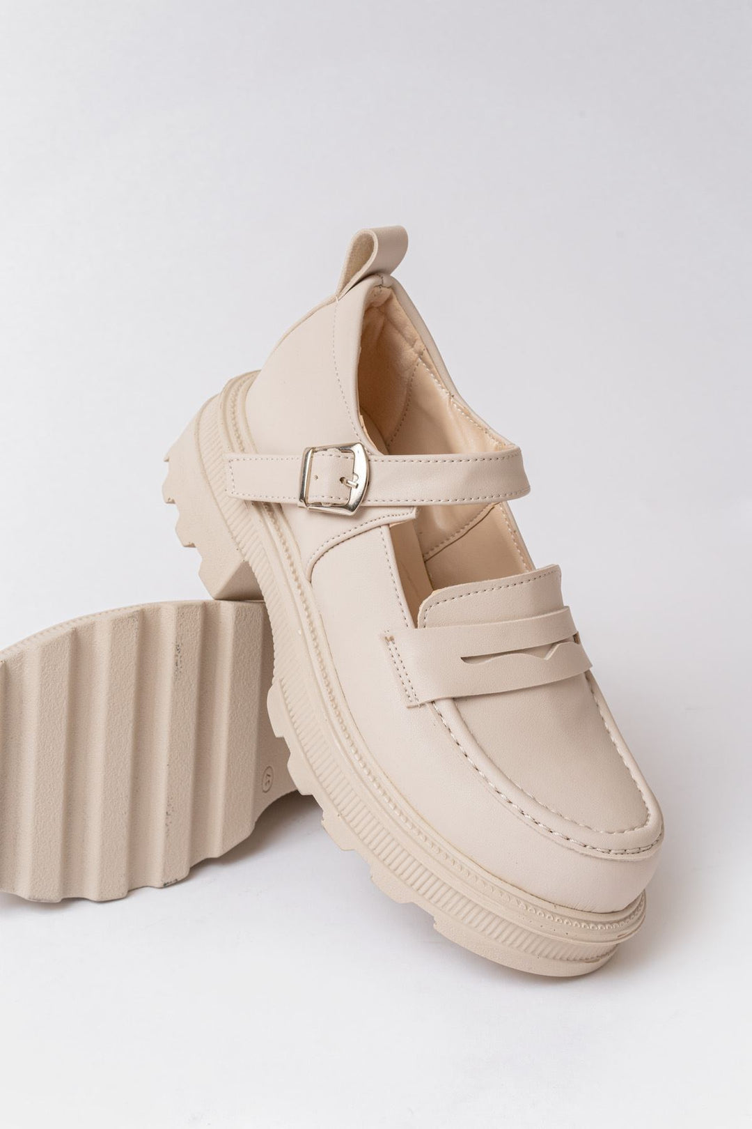 Clavix Mat Deri Bej Yüksek Tabanlı Loafer Ayakkabı - ILOVESHOES