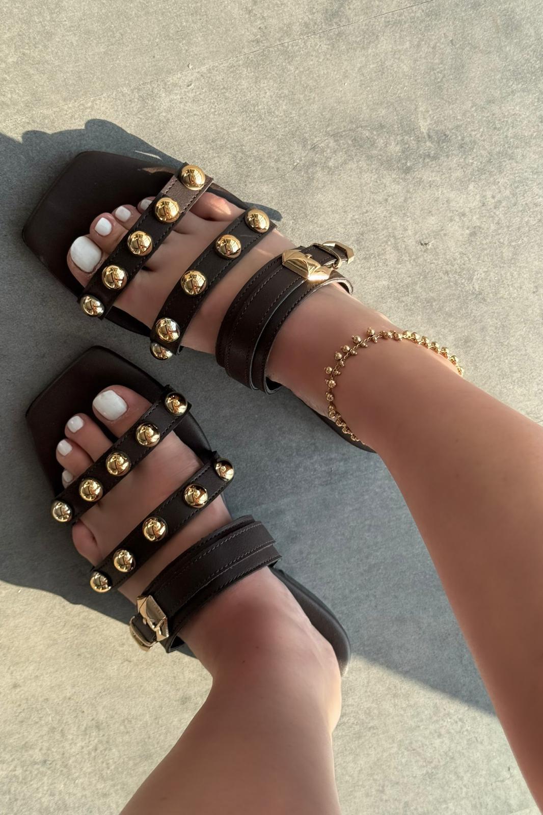 Dawist Mat Deri Acıkahve Troklu Düz Kadın Terlik - ILOVESHOES
