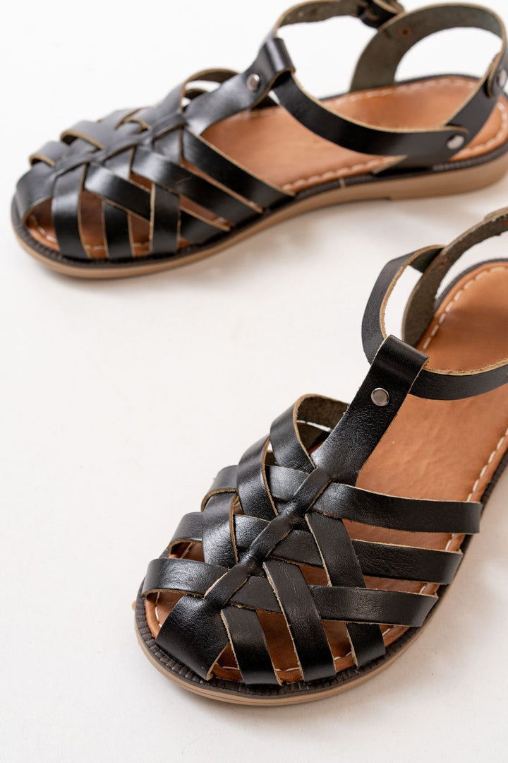 Halvion Hakiki Deri Siiyah Kadın Sandalet - ILOVESHOES