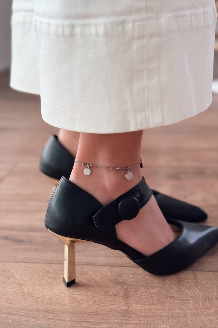 Wasord Mat Deri Düğme Detaylı Stiletto Siyah