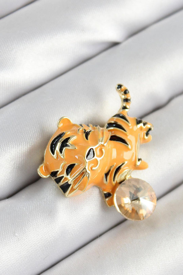 ILS - 1029 Kaplan Figürlü Broş Gold Zirkon Taşlı - ILOVESHOES