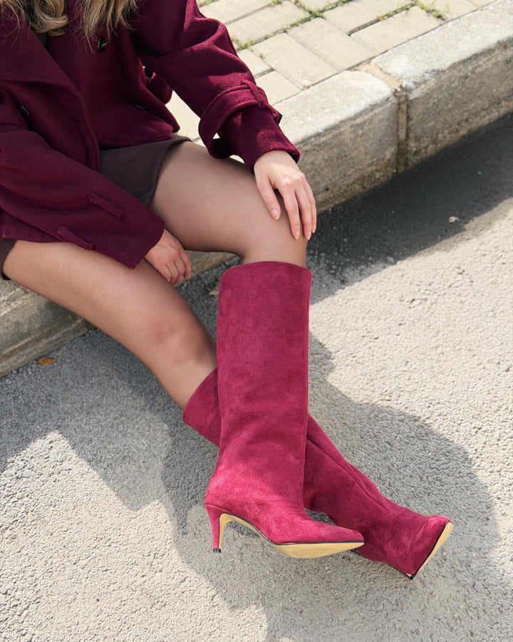 Gwen Kadın Topuklu Çizme Bordo Süet - ILOVESHOES