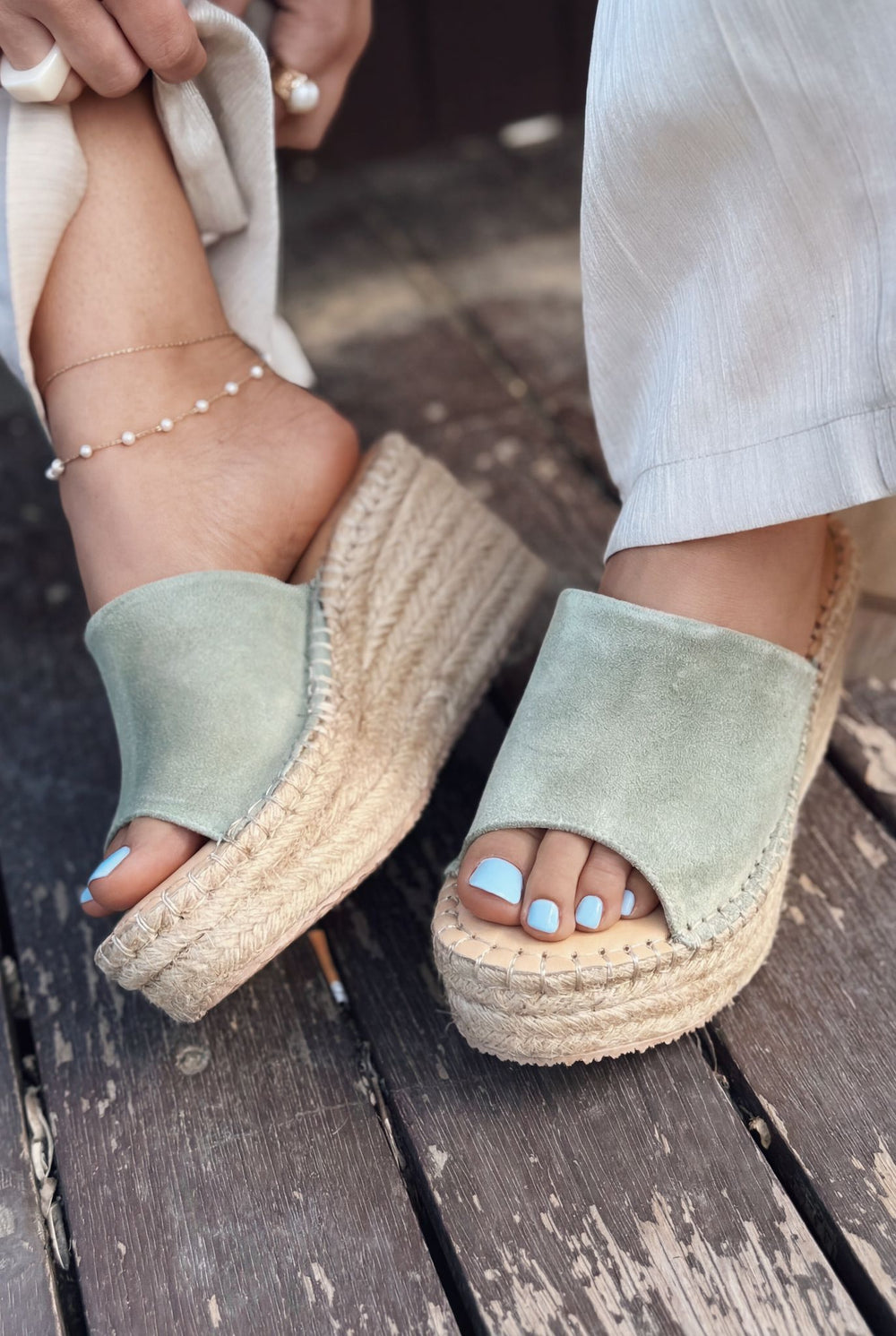 Lorver Yeşil Hakiki Süet Kadın Dolgu Topuklu Terlik - ILOVESHOES