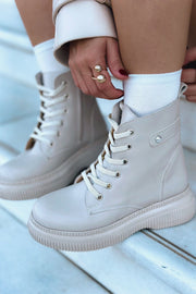 Vonicca Mat Deri Kalın Taban Bej Kadın Postal - ILOVESHOES