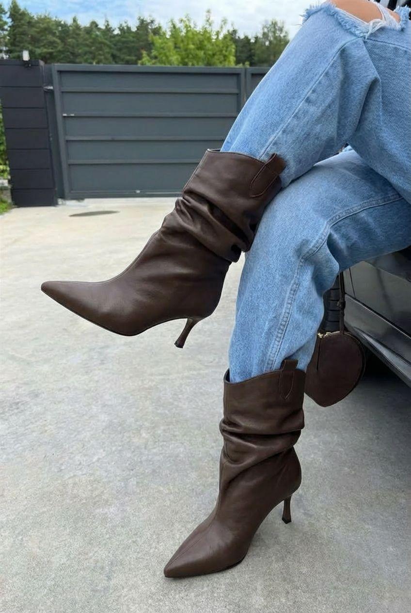 Veluxe Kadın Topuklu Bot Acıkahve Mat Deri - ILOVESHOES
