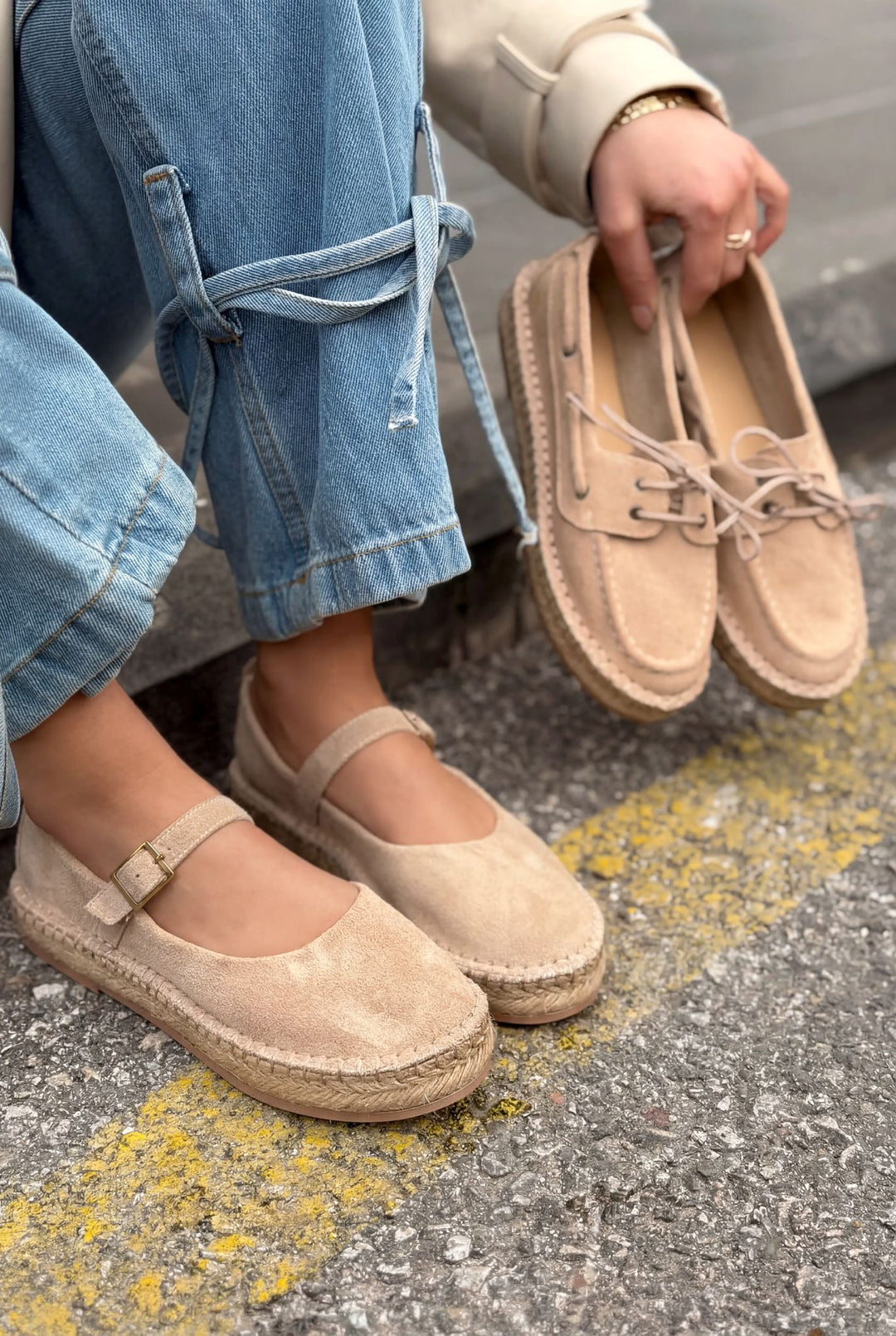 Selora Hakiki Süet Bağcıklı Espadril Bej - ILOVESHOES
