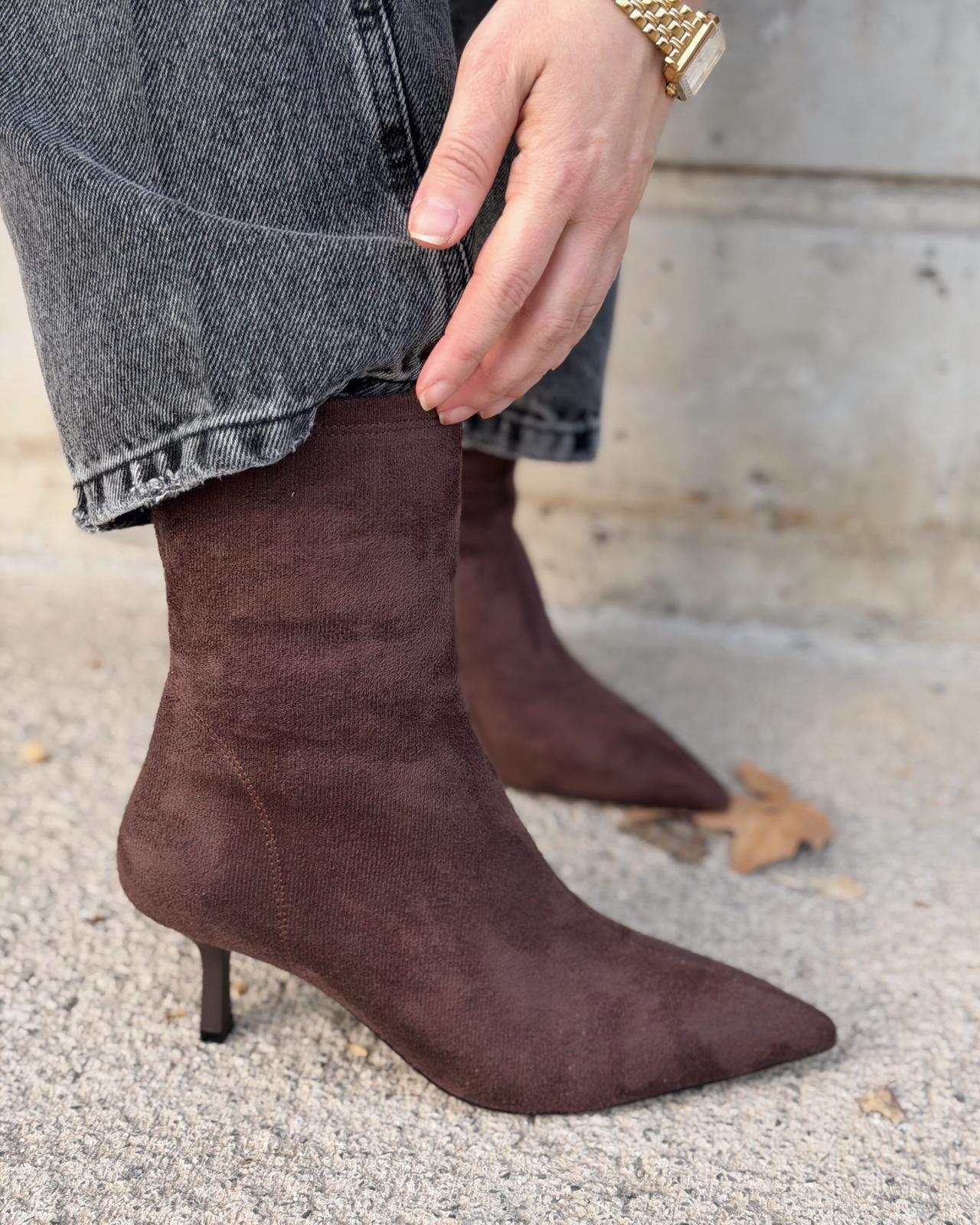 Orvex Kadın Süet İnce Topuklu Bot Kahverengi - ILOVESHOES