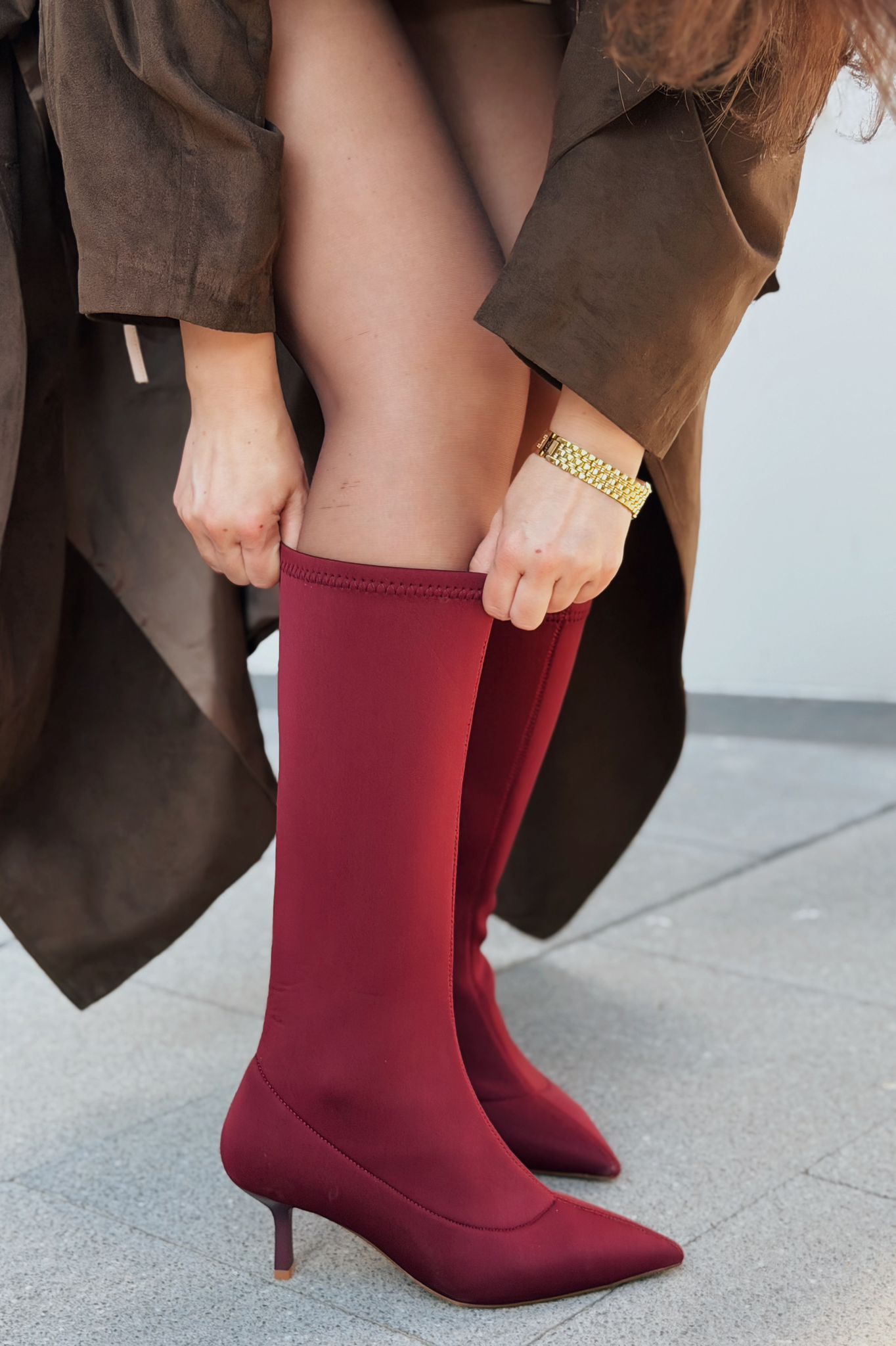 Ralve Kadın Topuklu Streç Çizme Bordo Dalgıç Kumaş - ILOVESHOES