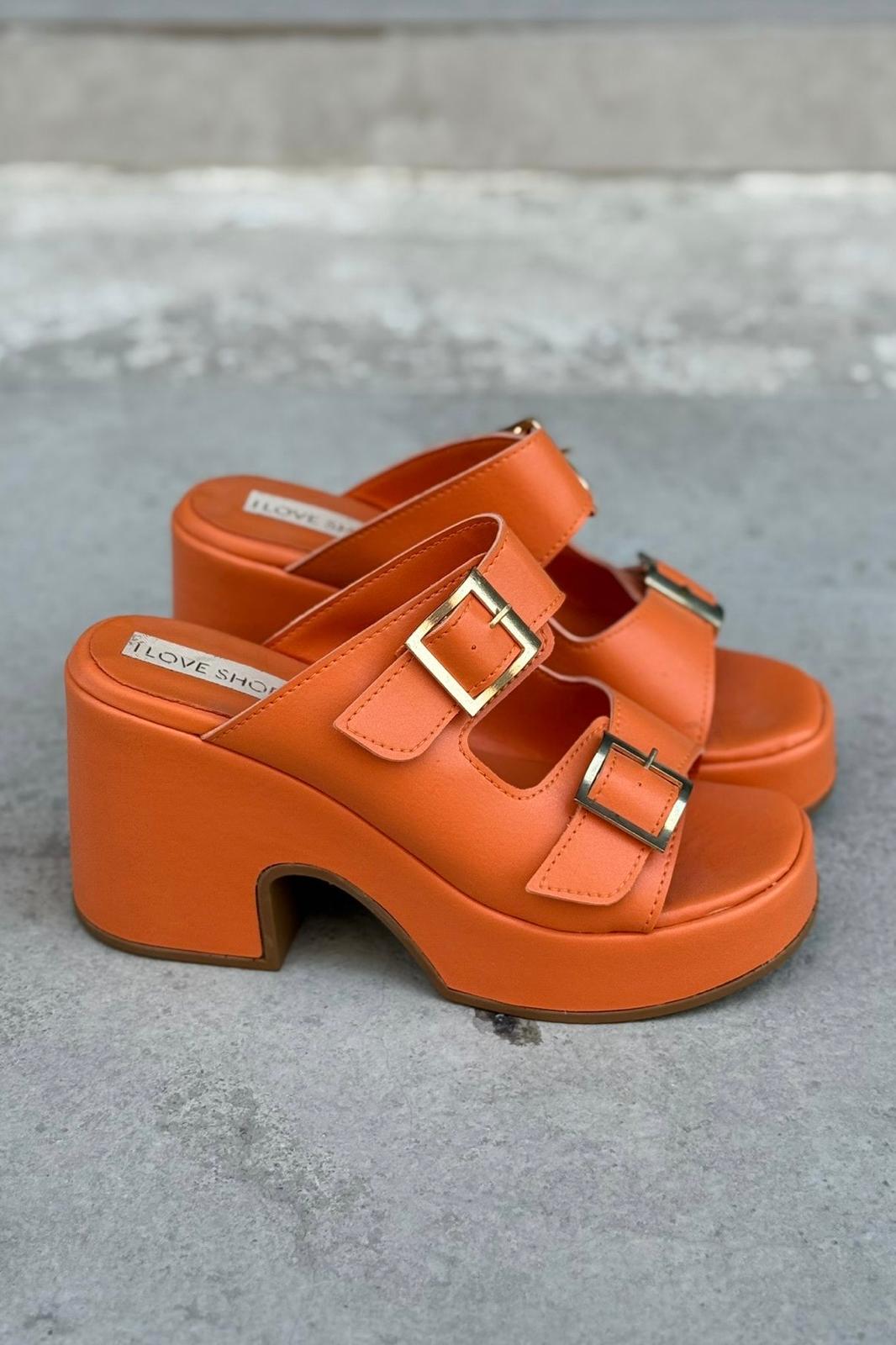 Livons Mat Deri Platform Topuklu Kadın Terlik Turuncu - ILOVESHOES