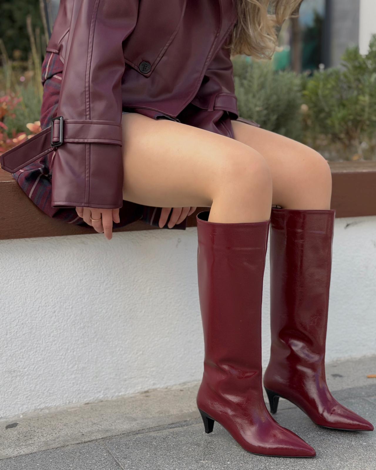 Remni Kadın Topuklu Çizme Bordo Kırışık Rugan - ILOVESHOES