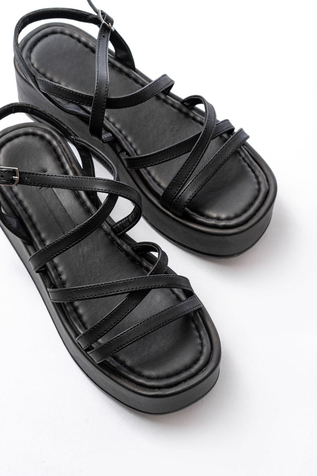 Parmela Mat Deri Siyah Kalın Taban Kadın Sandalet - ILOVESHOES