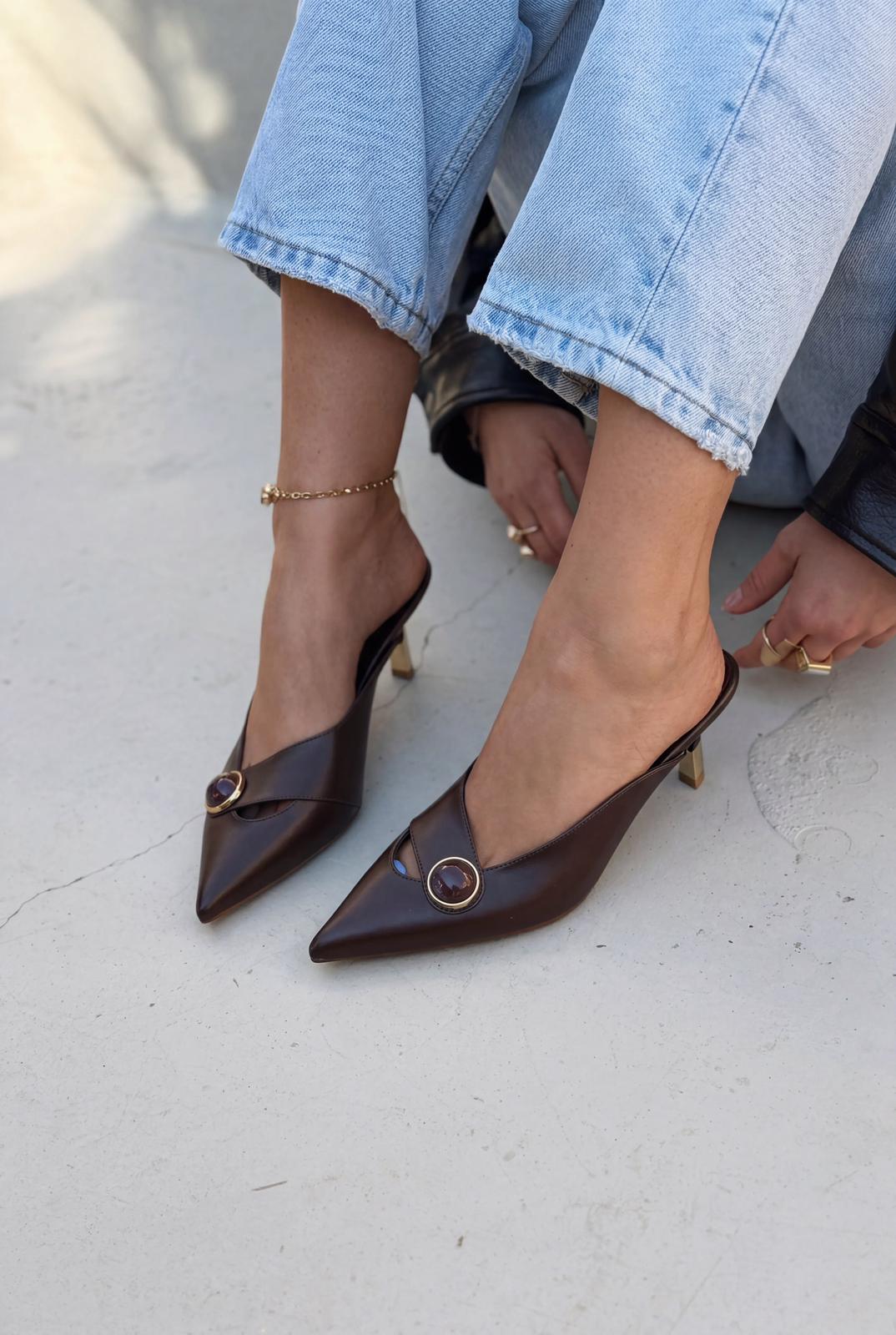 Delvor Topuklu Terlik Acıkahve Mat Deri - ILOVESHOES