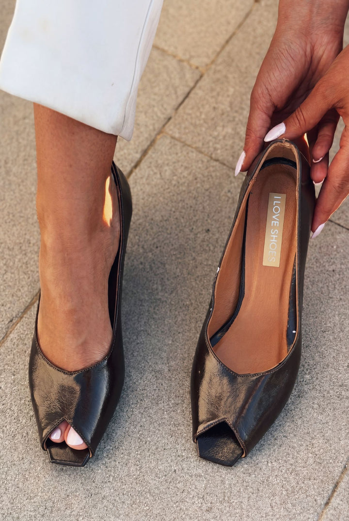 Norvion Hakiki Deri Acıkahve Kırışık Rugan Kadın Topuklu Ayakkabı - ILOVESHOES