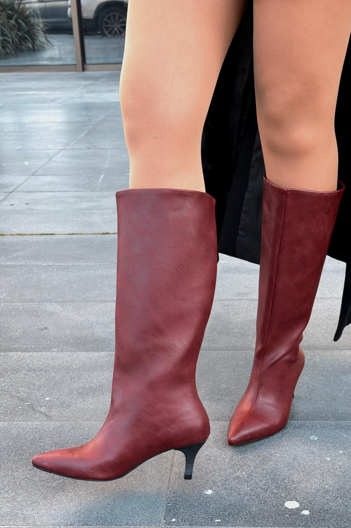 Remni Kadın Topuklu Çizme Bordo Mat Deri - ILOVESHOES