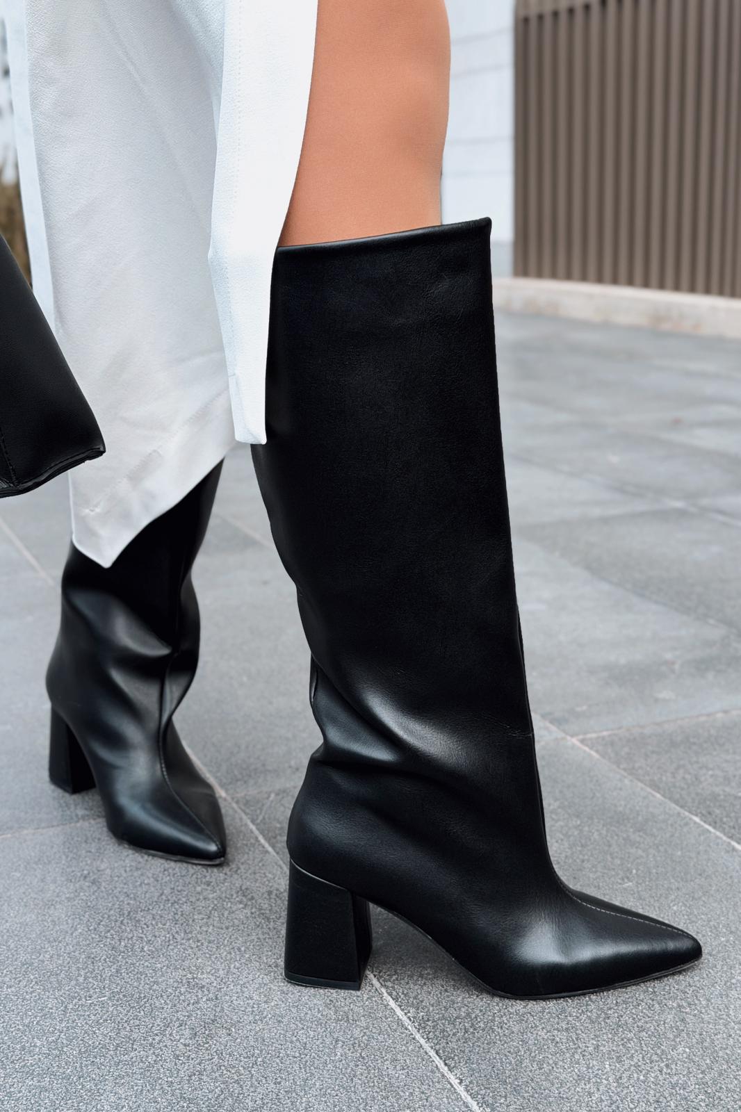 Jarlene Kadın Topuklu Çizme Siyah Mat Deri - ILOVESHOES