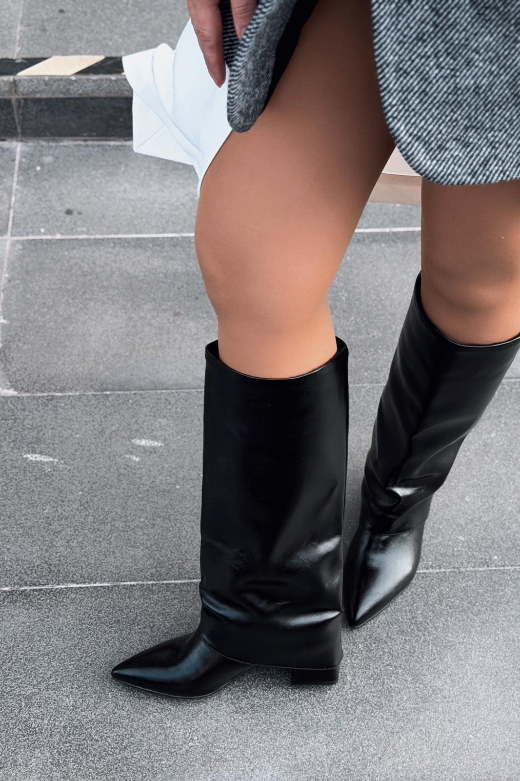 Jasmir Kadın Topuklu Çizme Siyah Parlak Deri - ILOVESHOES