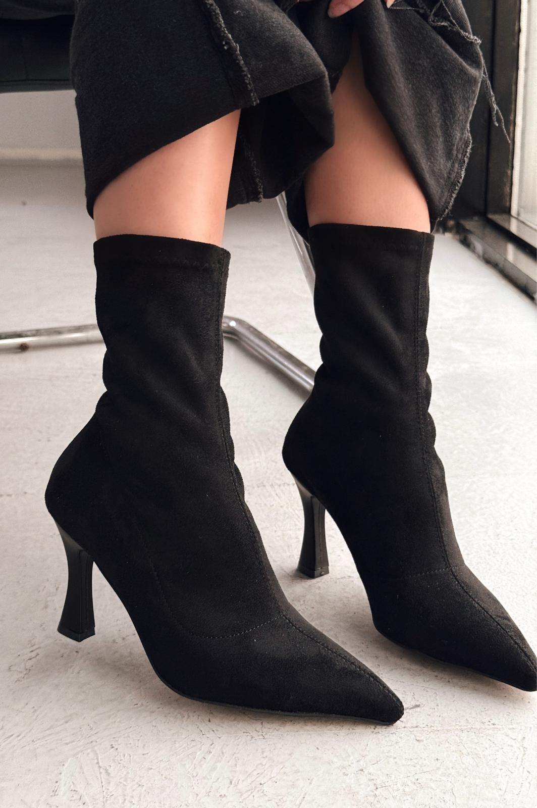 Jedaws Süet İnce Topuklu Çorap Bot Siyah - ILOVESHOES