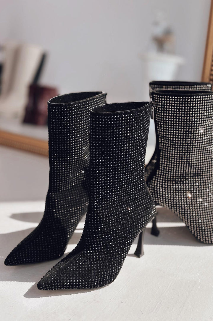 Simley Topuklu Kadın Çizme Siyah Siyah Gri Taşlı - ILOVESHOES