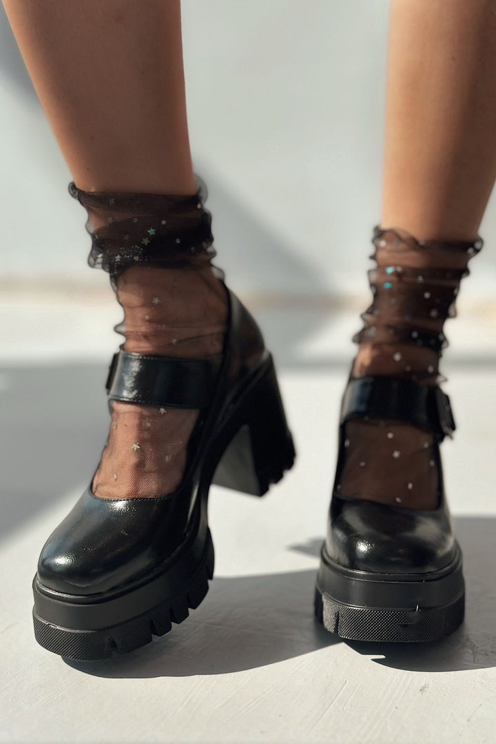 Solea Kalın Taban Topuklu Mary Jane Siyah Mat Deri - ILOVESHOES