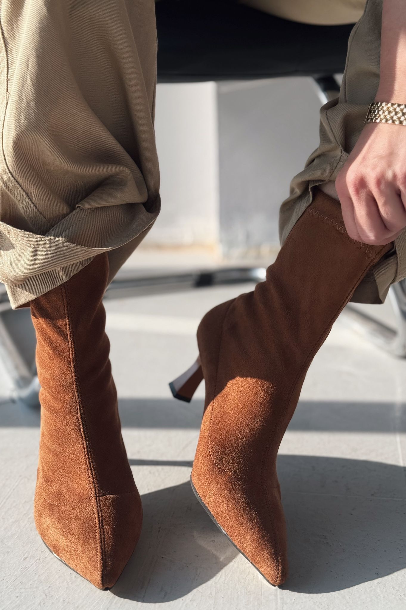 Loravo Süet İnce Topuklu Taba Çorap Bot - ILOVESHOES